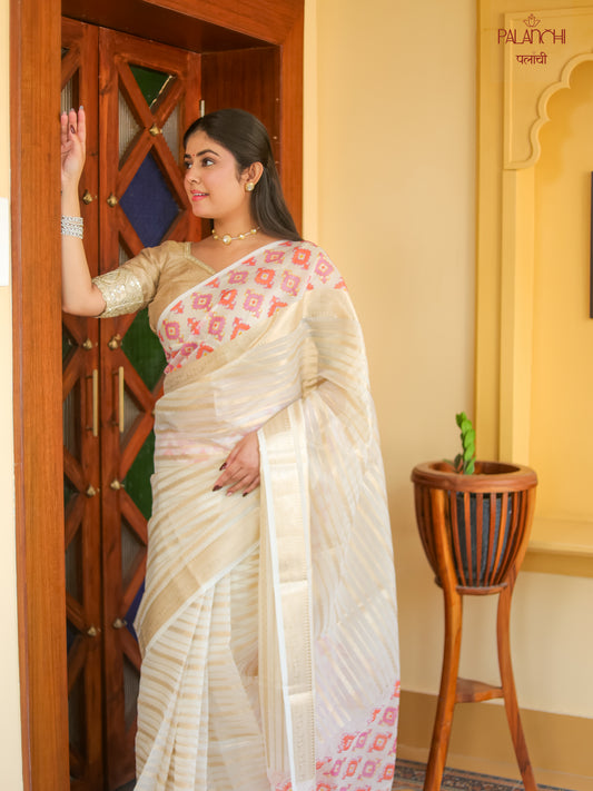 Handwoven Striped Kora Silk Saree