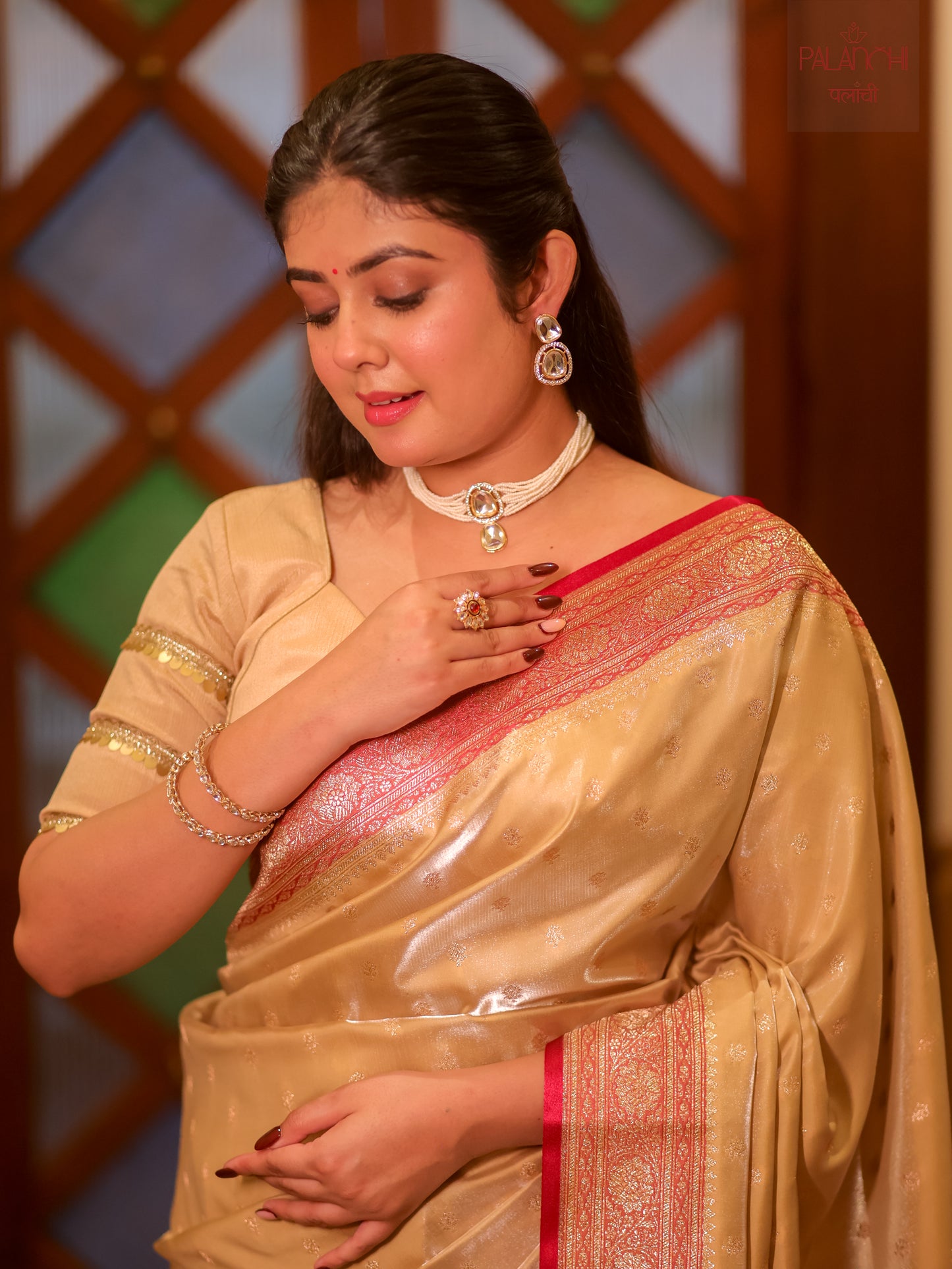 Champagne Gold Contrast Banarasi Handloom Katan Silk Saree