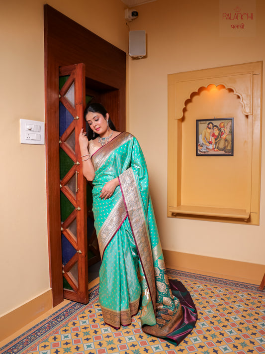 Aqua Mint Zari Woven Banarasi Handloom Katan Silk Saree