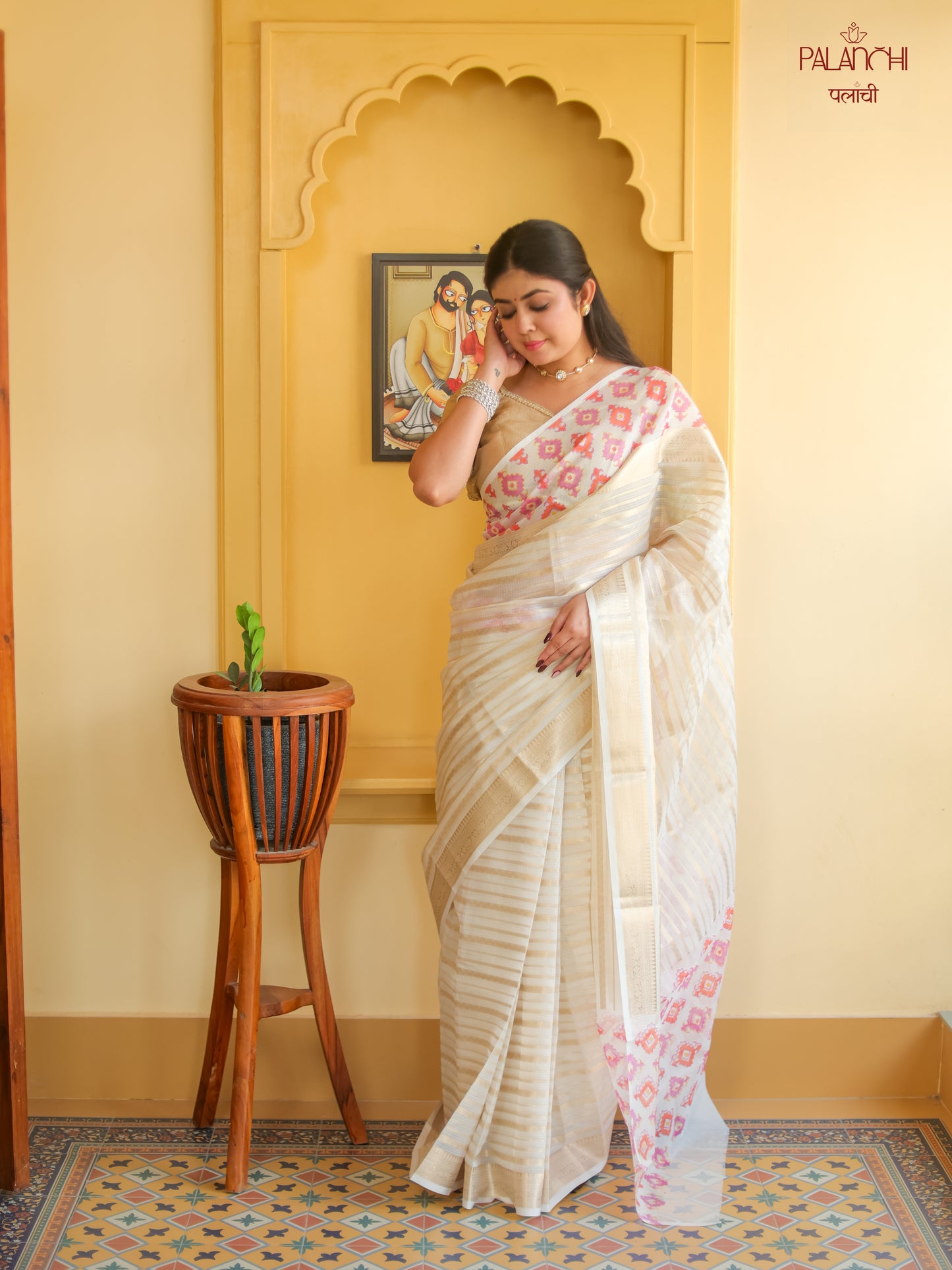 Handwoven Striped Kora Silk Saree