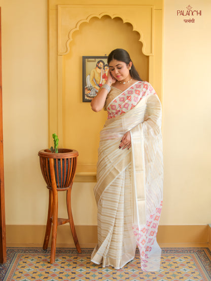Handwoven Striped Kora Silk Saree