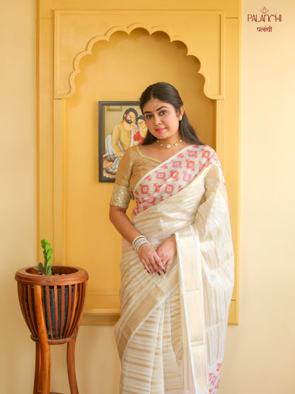 Handwoven Striped Kora Silk Saree