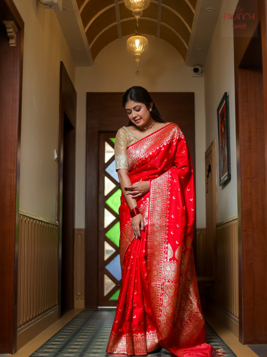 Vermilion Red Handwoven Banarasi Katan Silk Saree