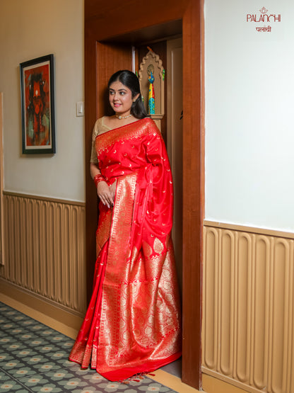 Vermilion Red Handwoven Banarasi Katan Silk Saree