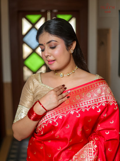 Vermilion Red Handwoven Banarasi Katan Silk Saree