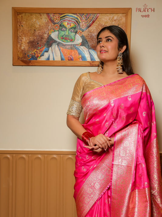 Rani Pink Zari Woven Handloom Banarasi Katan Silk Saree