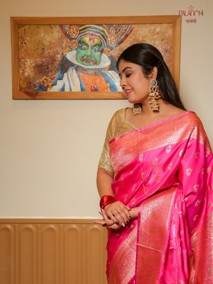Rani Pink Zari Woven Handloom Banarasi Katan Silk Saree