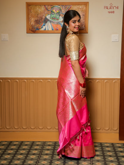 Rani Pink Zari Woven Handloom Banarasi Katan Silk Saree