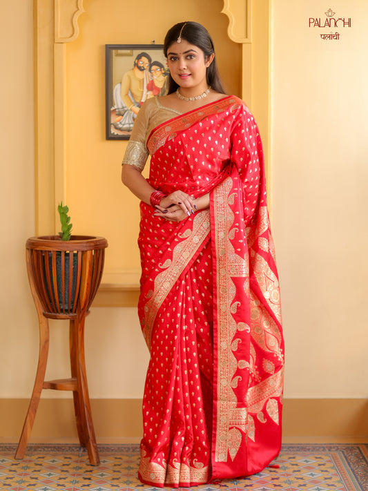 Crimson Red Zari Woven Handloom Banarasi Katan Silk Saree