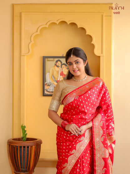 Crimson Red Zari Woven Handloom Banarasi Katan Silk Saree