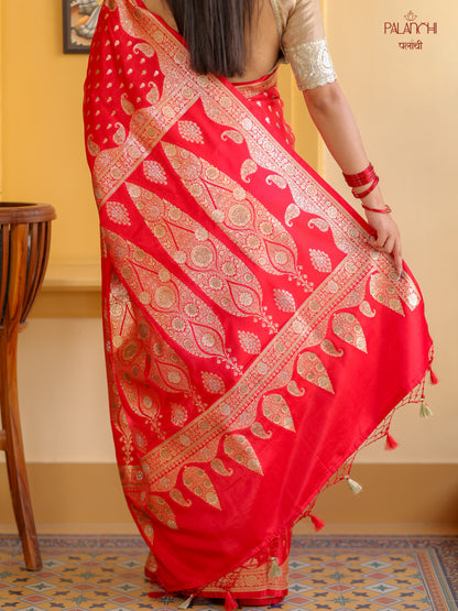 Crimson Red Zari Woven Handloom Banarasi Katan Silk Saree