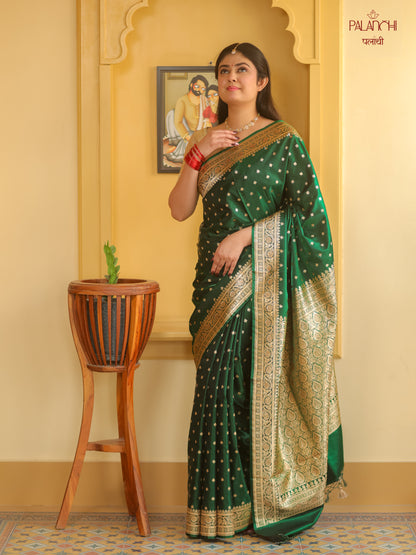 Emerald Green Zari Woven Handloom Banarasi Katan Silk Saree