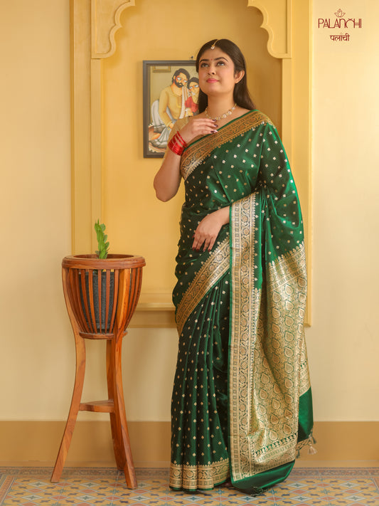 Emerald Green Zari Woven Handloom Banarasi Katan Silk Saree