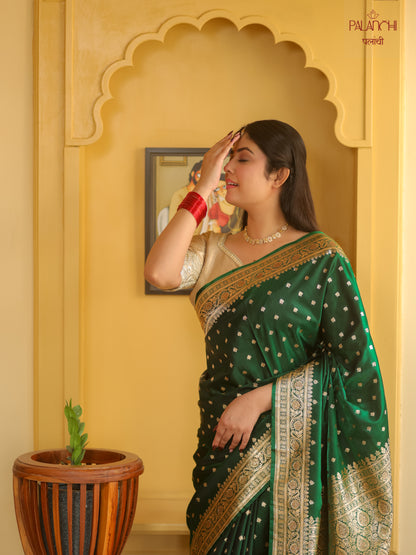 Emerald Green Zari Woven Handloom Banarasi Katan Silk Saree