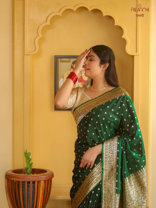 Emerald Green Zari Woven Handloom Banarasi Katan Silk Saree