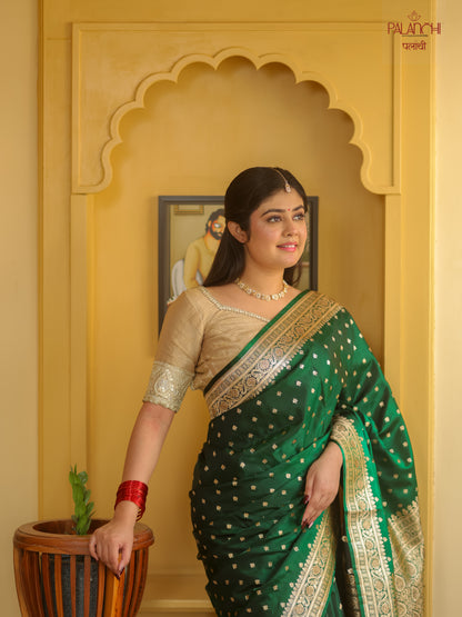 Emerald Green Zari Woven Handloom Banarasi Katan Silk Saree