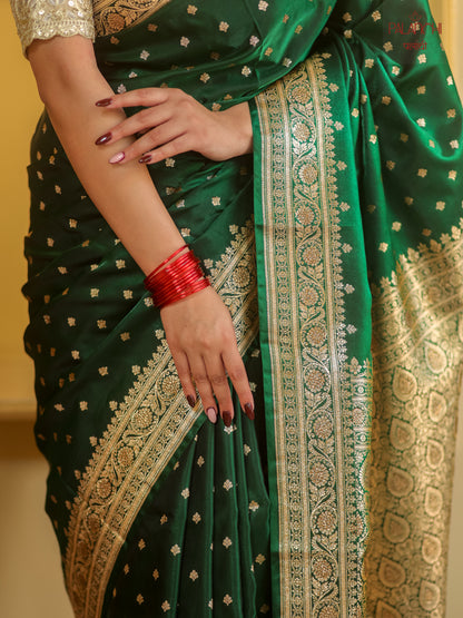Emerald Green Zari Woven Handloom Banarasi Katan Silk Saree