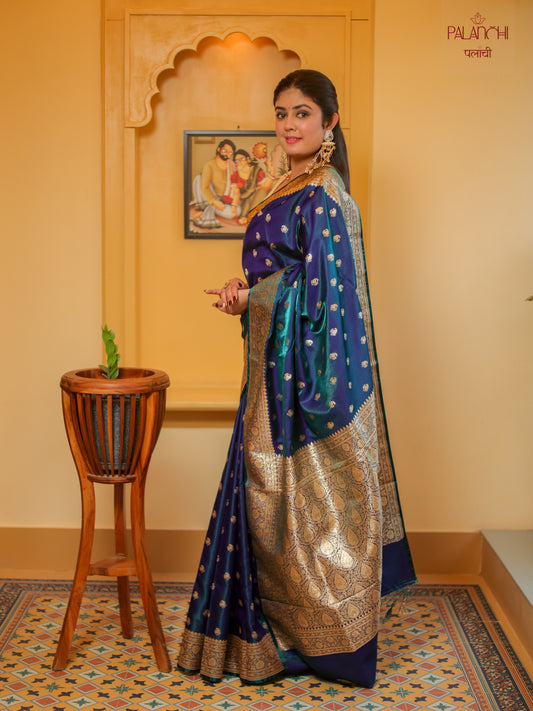 Sapphire Blue Zari Woven Banarasi Handloom Katan Silk Saree