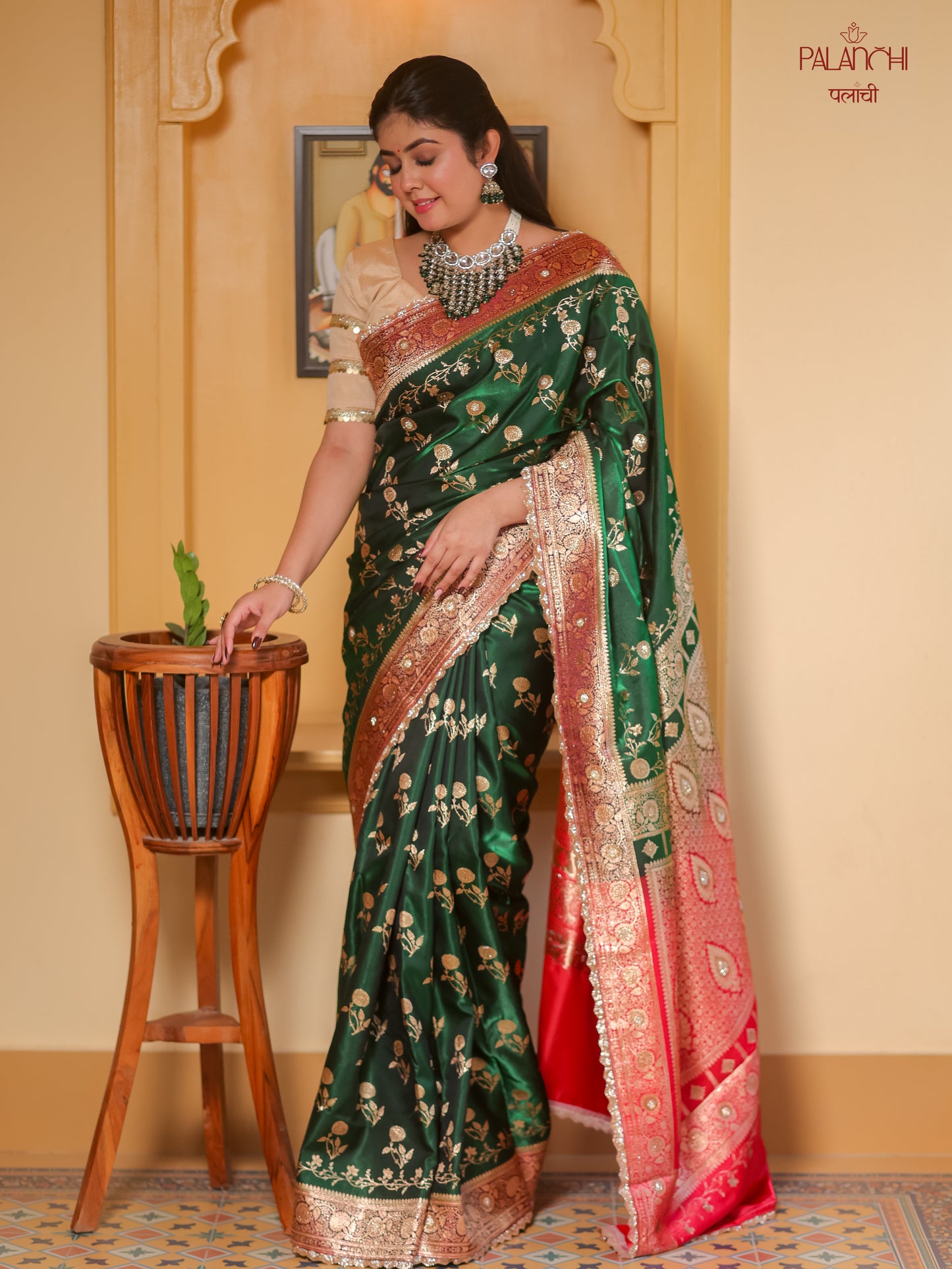 Forest Green Gota Border Banarasi Handloom Katan Silk Saree