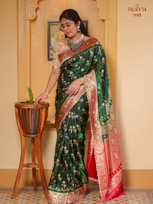 Forest Green Gota Border Banarasi Handloom Katan Silk Saree