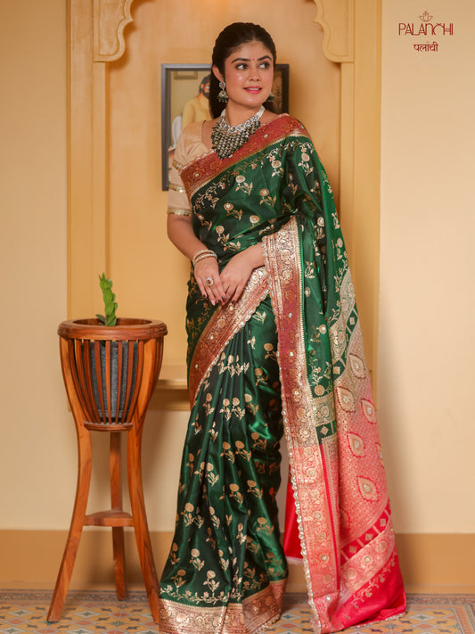 Forest Green Gota Border Banarasi Handloom Katan Silk Saree