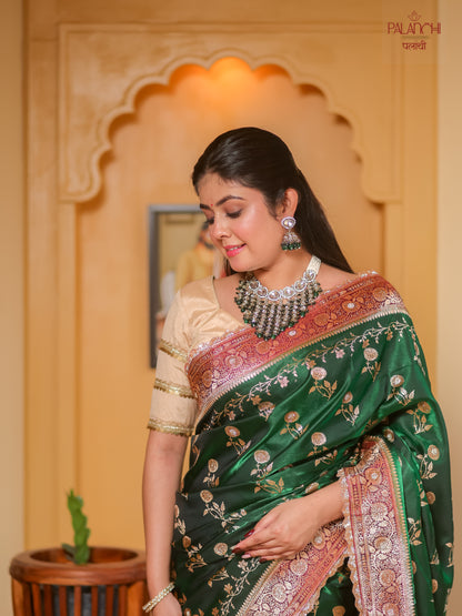 Forest Green Gota Border Banarasi Handloom Katan Silk Saree