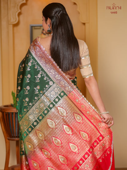 Forest Green Gota Border Banarasi Handloom Katan Silk Saree