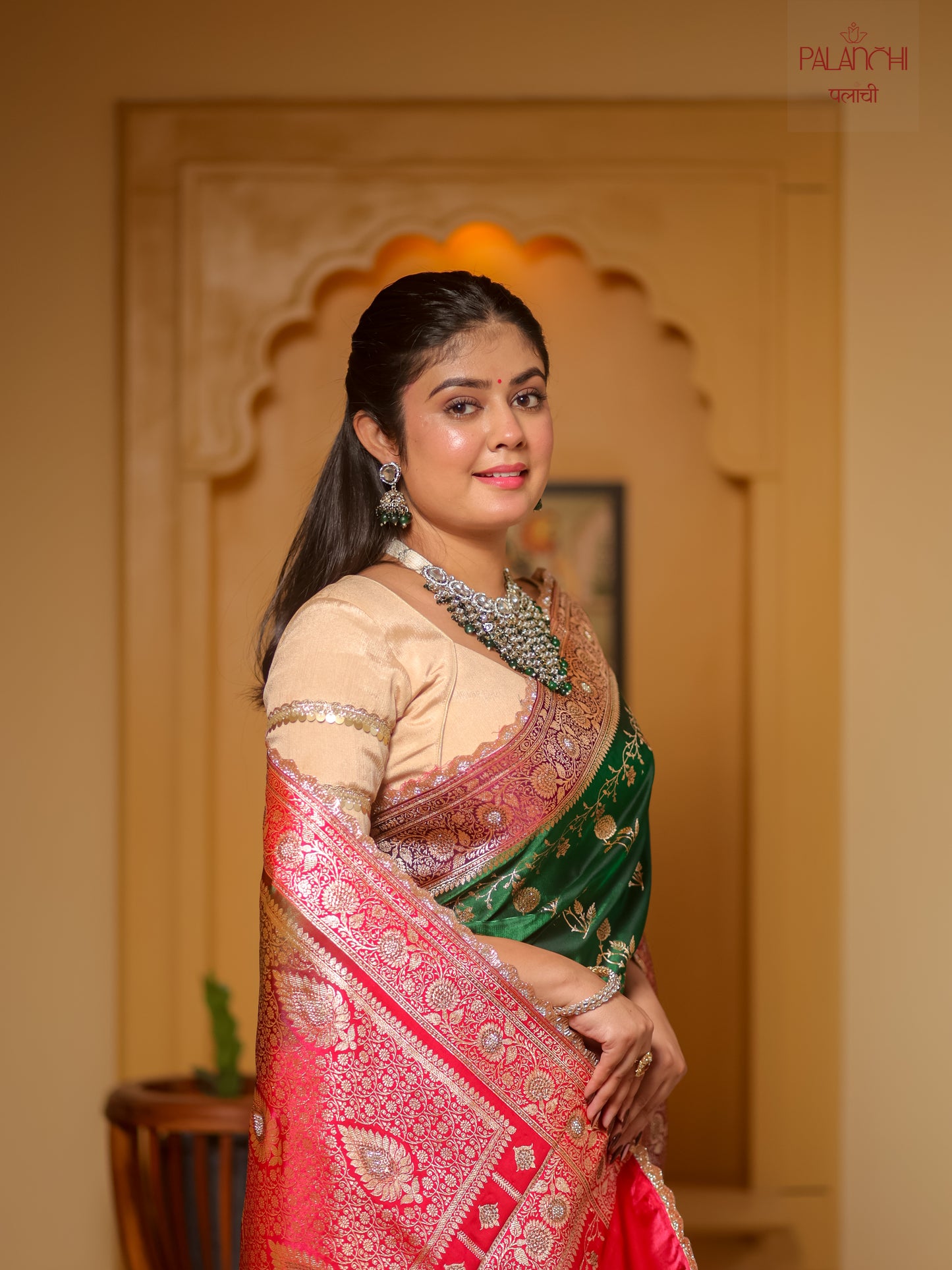 Forest Green Gota Border Banarasi Handloom Katan Silk Saree