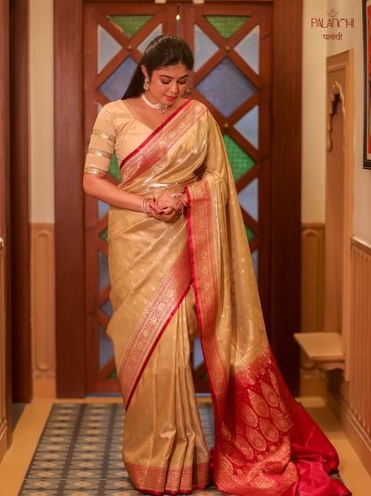 Champagne Gold Contrast Banarasi Handloom Katan Silk Saree