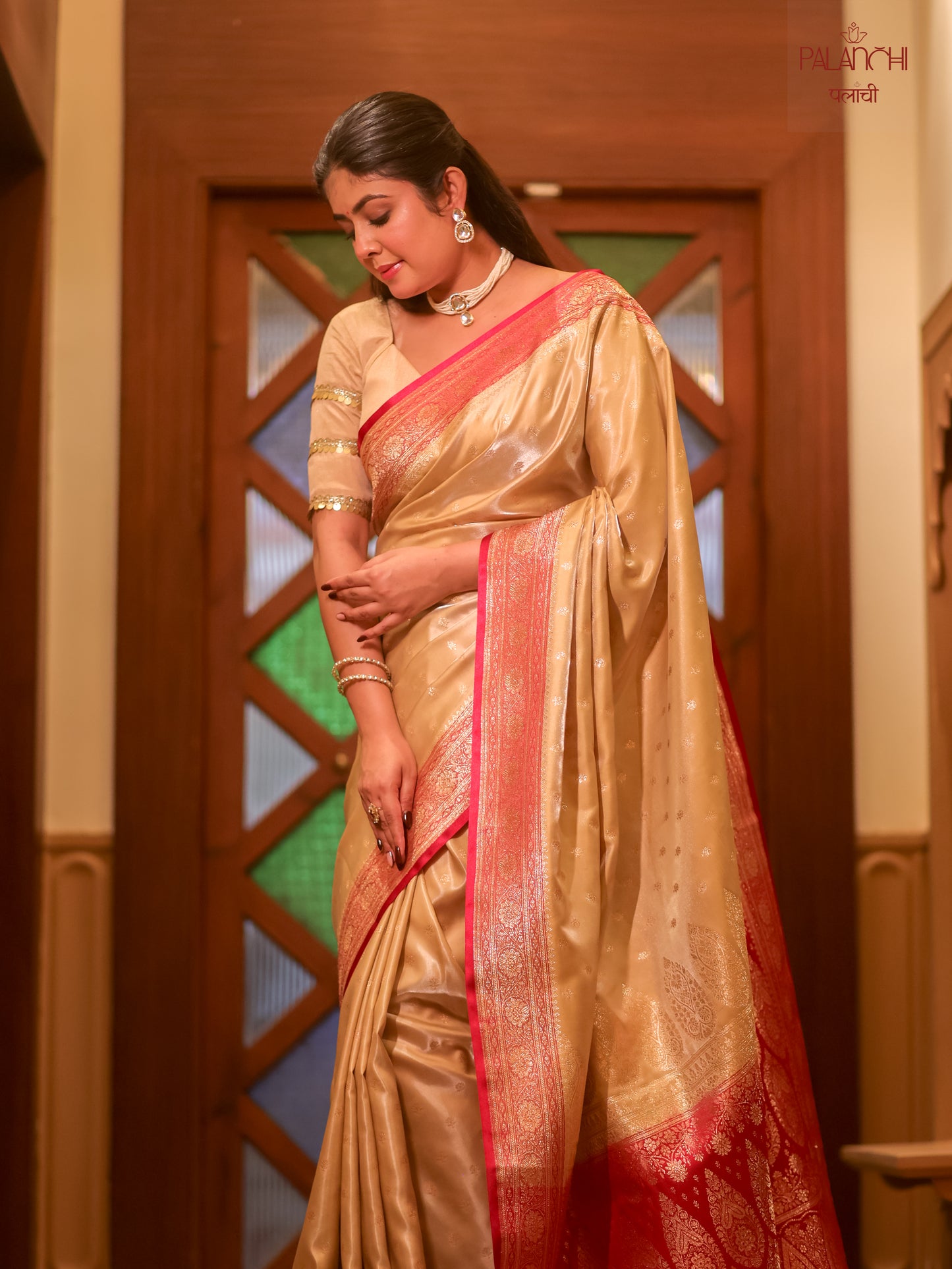 Champagne Gold Contrast Banarasi Handloom Katan Silk Saree