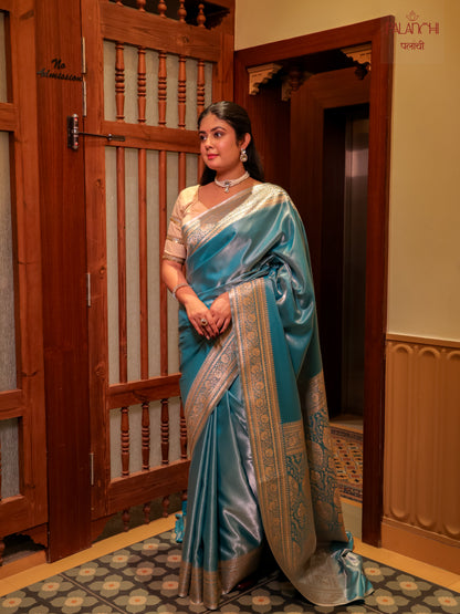 Ice Blue Zari Woven Banarasi Handloom Katan Silk Saree