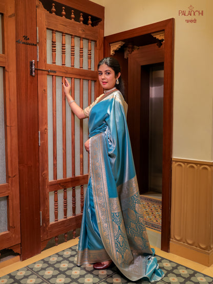Ice Blue Zari Woven Banarasi Handloom Katan Silk Saree