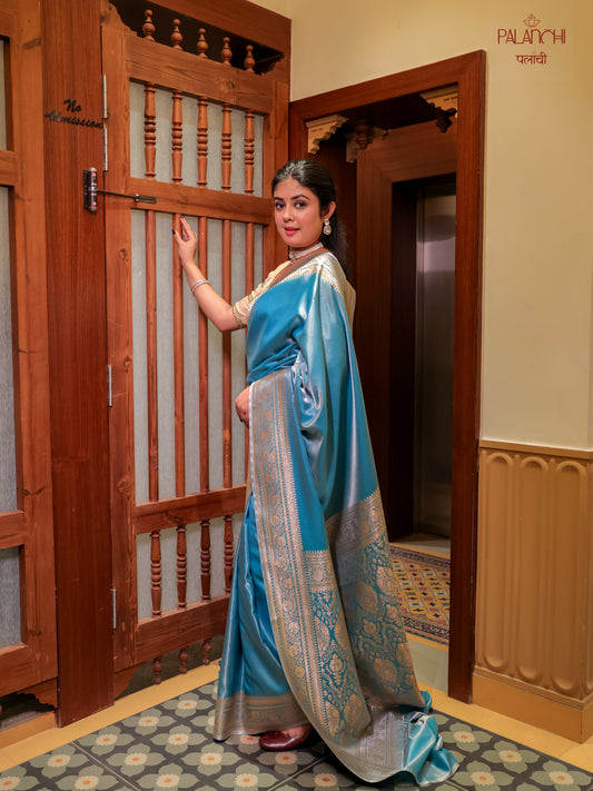 Ice Blue Zari Woven Banarasi Handloom Katan Silk Saree