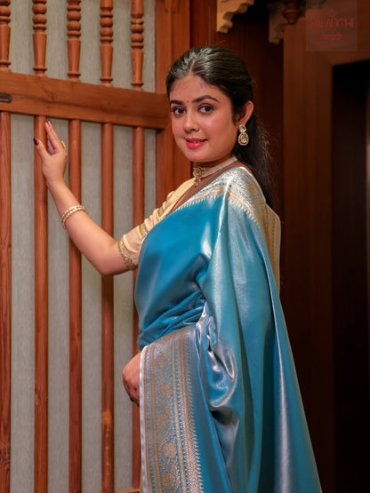 Ice Blue Zari Woven Banarasi Handloom Katan Silk Saree