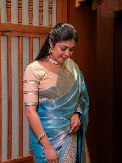 Ice Blue Zari Woven Banarasi Handloom Katan Silk Saree