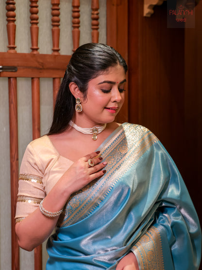 Ice Blue Zari Woven Banarasi Handloom Katan Silk Saree