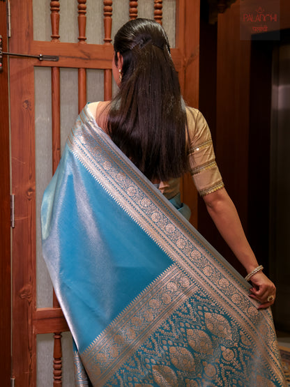 Ice Blue Zari Woven Banarasi Handloom Katan Silk Saree