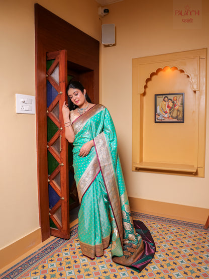 Aqua Mint Zari Woven Banarasi Handloom Katan Silk Saree