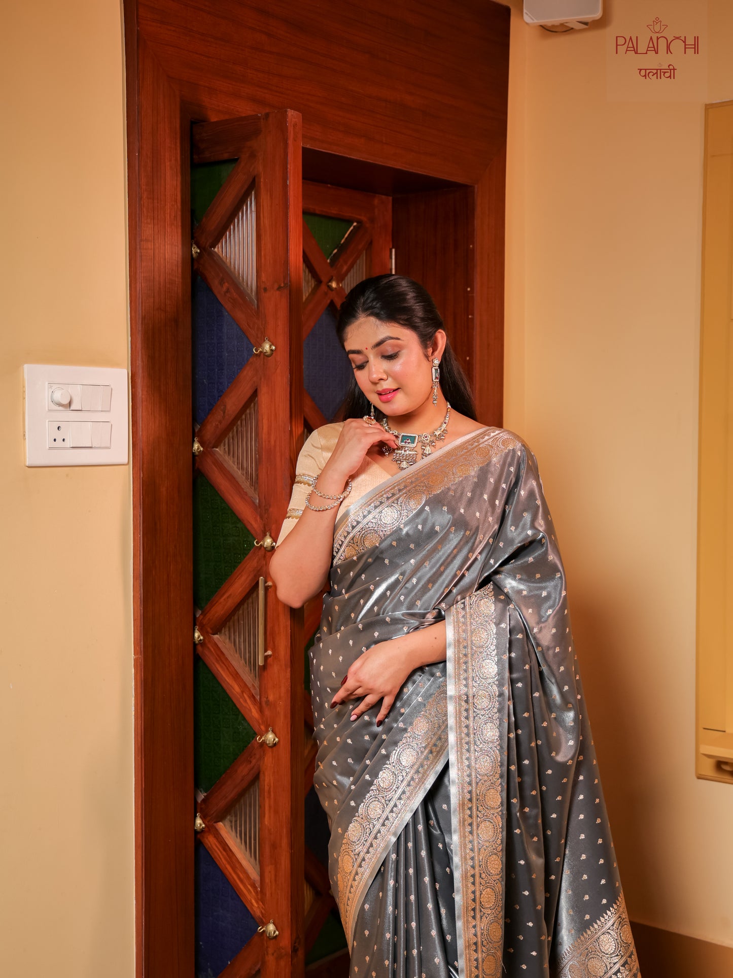 Steel Grey Zari Woven Banarasi Handloom Katan Silk Saree