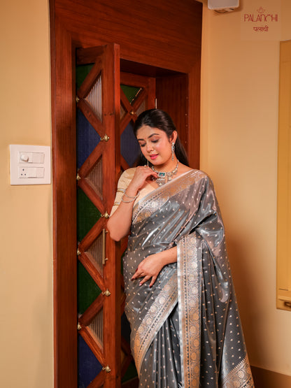 Steel Grey Zari Woven Banarasi Handloom Katan Silk Saree