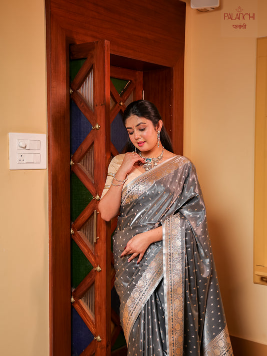 Steel Grey Zari Woven Banarasi Handloom Katan Silk Saree