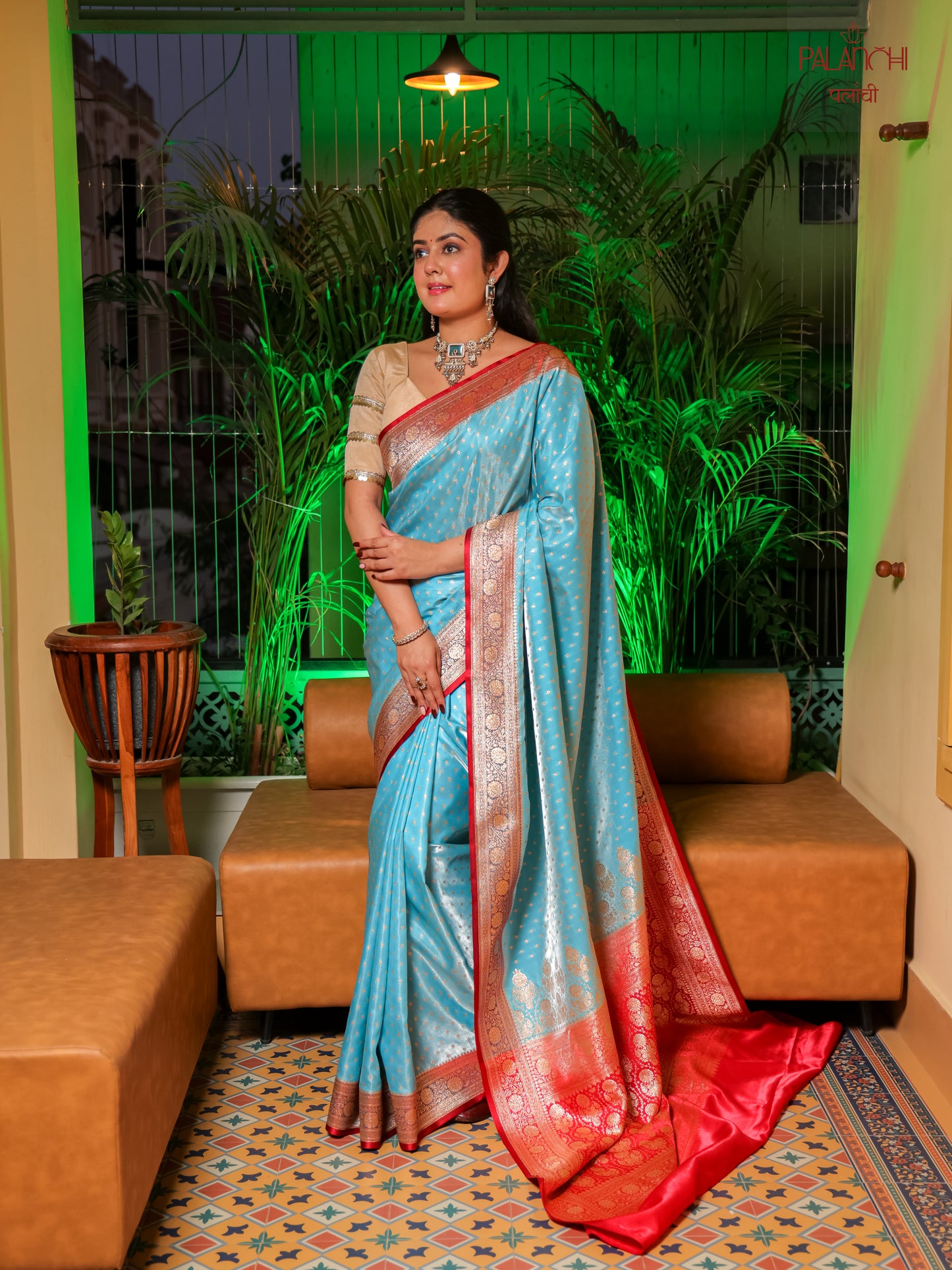 Powder Blue Contrast Banarasi Handloom Katan Silk Saree