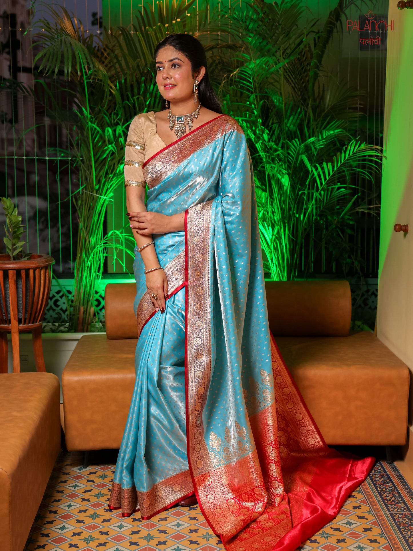 Powder Blue Contrast Banarasi Handloom Katan Silk Saree