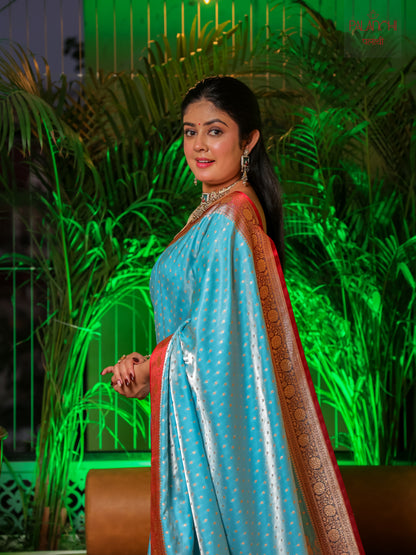 Powder Blue Contrast Banarasi Handloom Katan Silk Saree