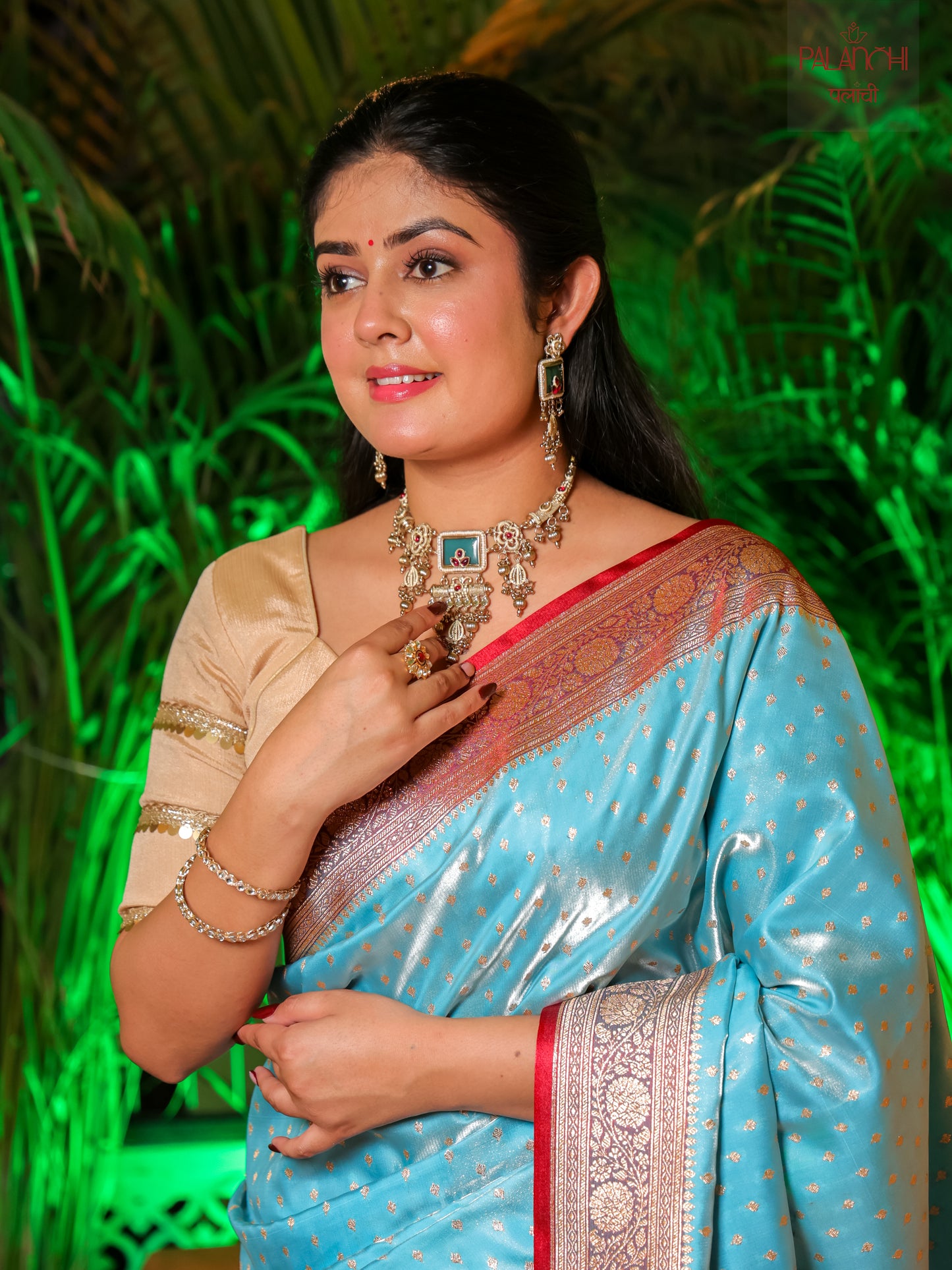 Powder Blue Contrast Banarasi Handloom Katan Silk Saree