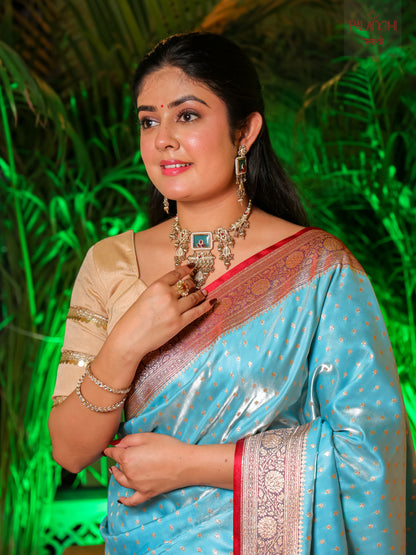 Powder Blue Contrast Banarasi Handloom Katan Silk Saree