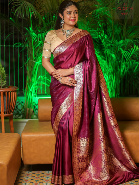 Wine Berry Zari Woven Banarasi Handloom Katan Silk Saree