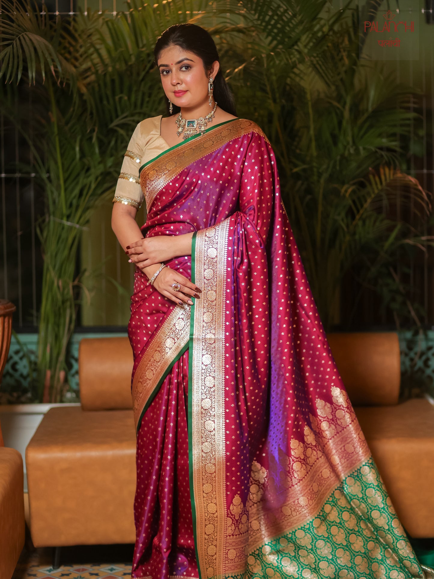 Magenta Purple Contrast Handwoven Banarasi Katan Silk Saree