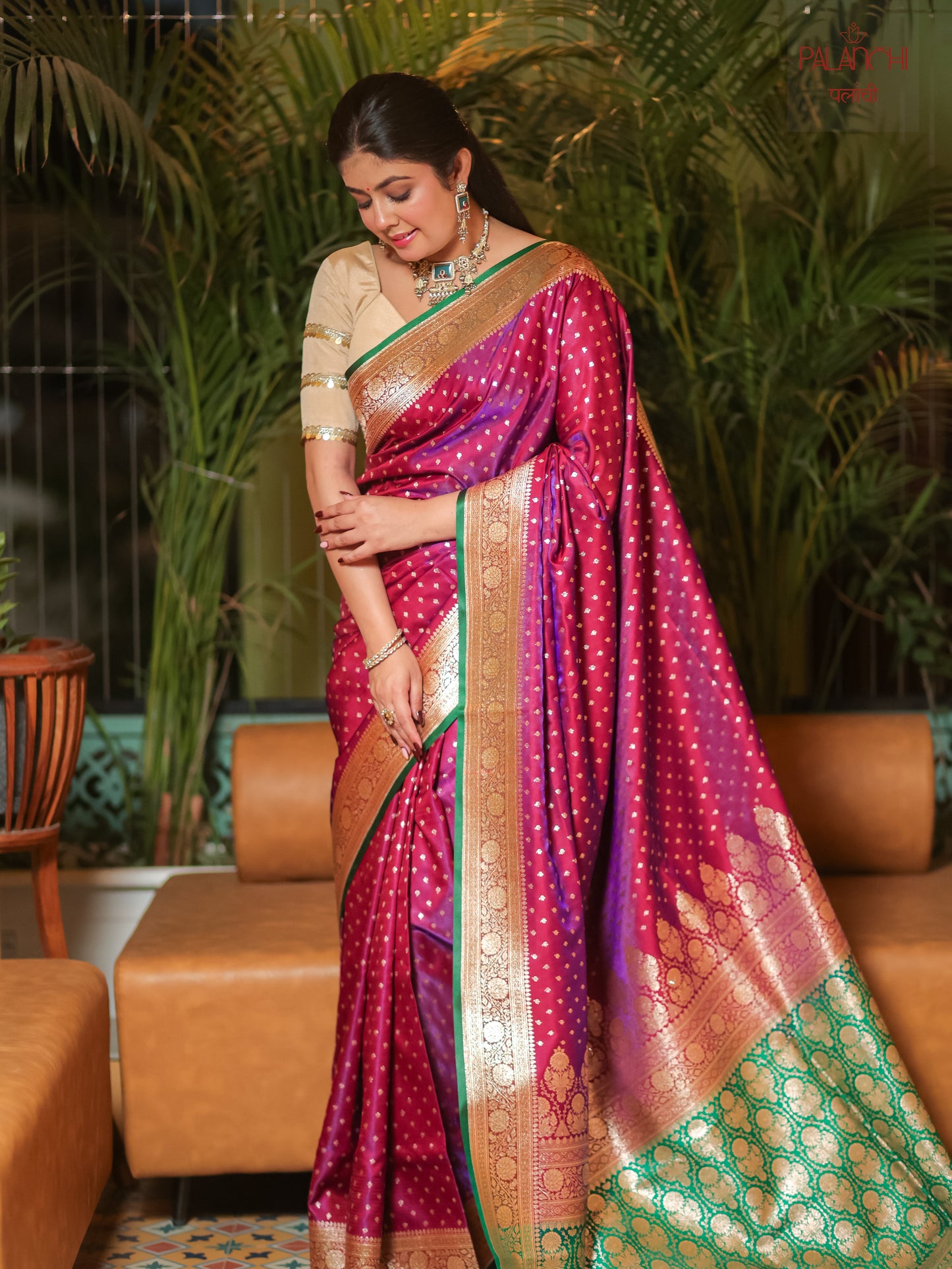 Magenta Purple Contrast Handwoven Banarasi Katan Silk Saree