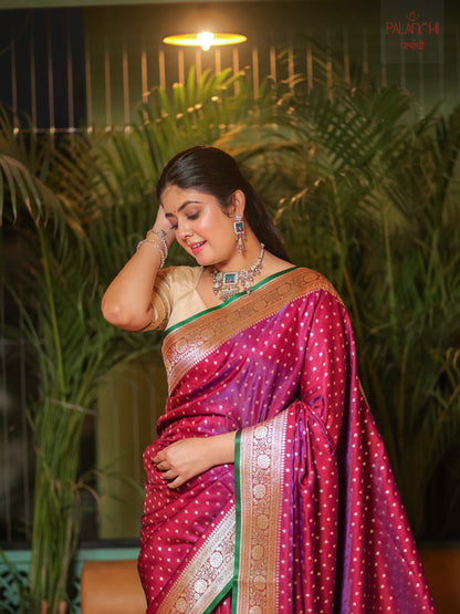 Magenta Purple Contrast Handwoven Banarasi Katan Silk Saree